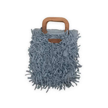 Boho Shag Tote Bag with Wooden Handle – Dusty Blue
