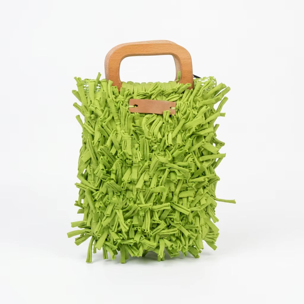 Boho Shag Tote Bag with Wooden Handle – Lime Green
