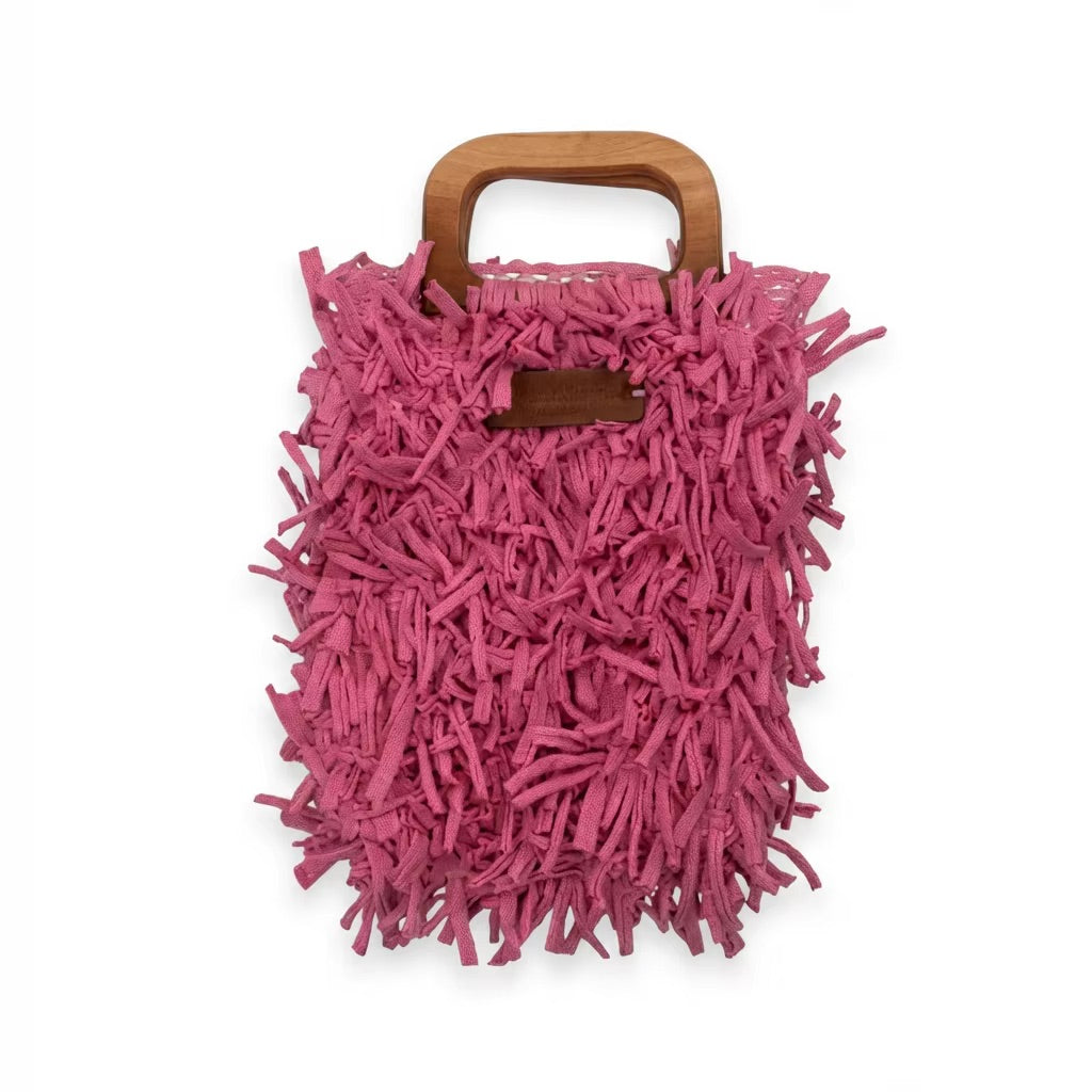 Boho Shag Tote Bag with Wooden Handle – Pink