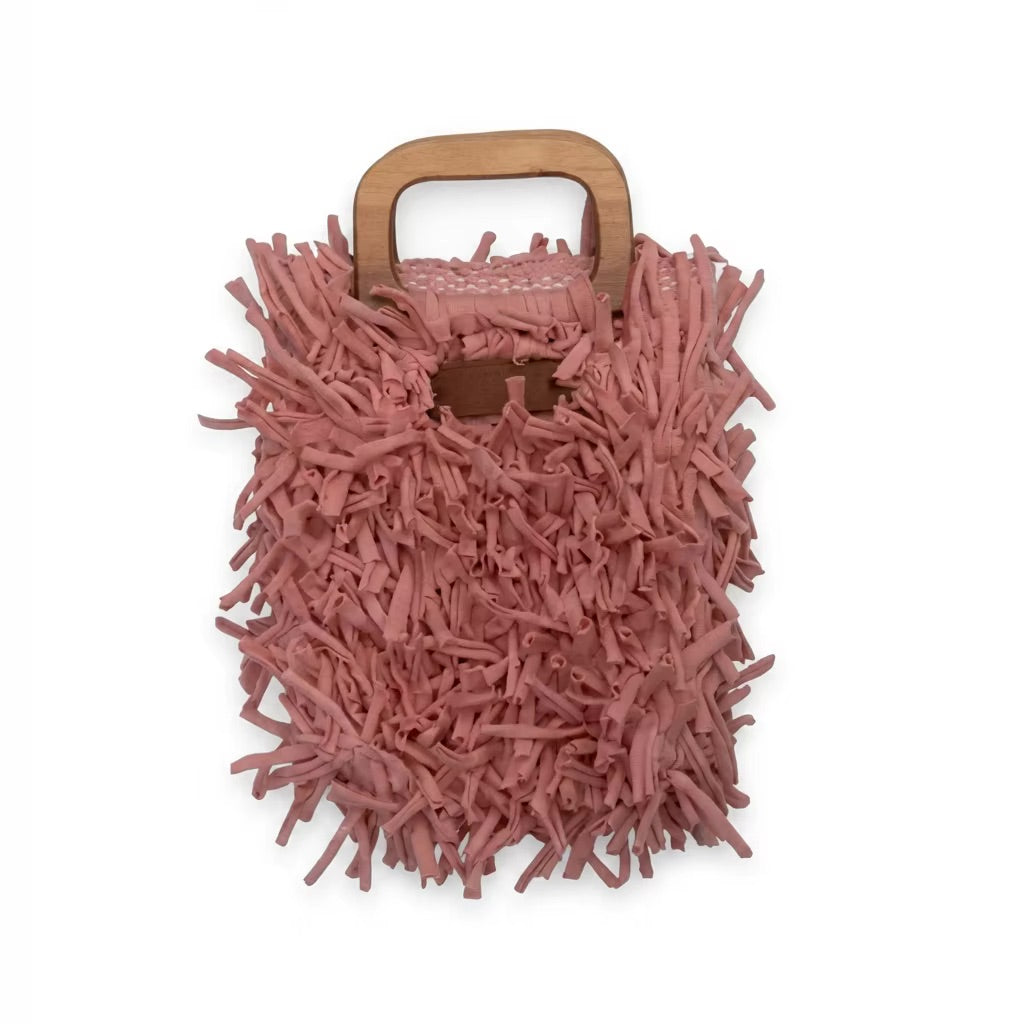 Boho Shag Tote Bag with Wooden Handle – Mauve