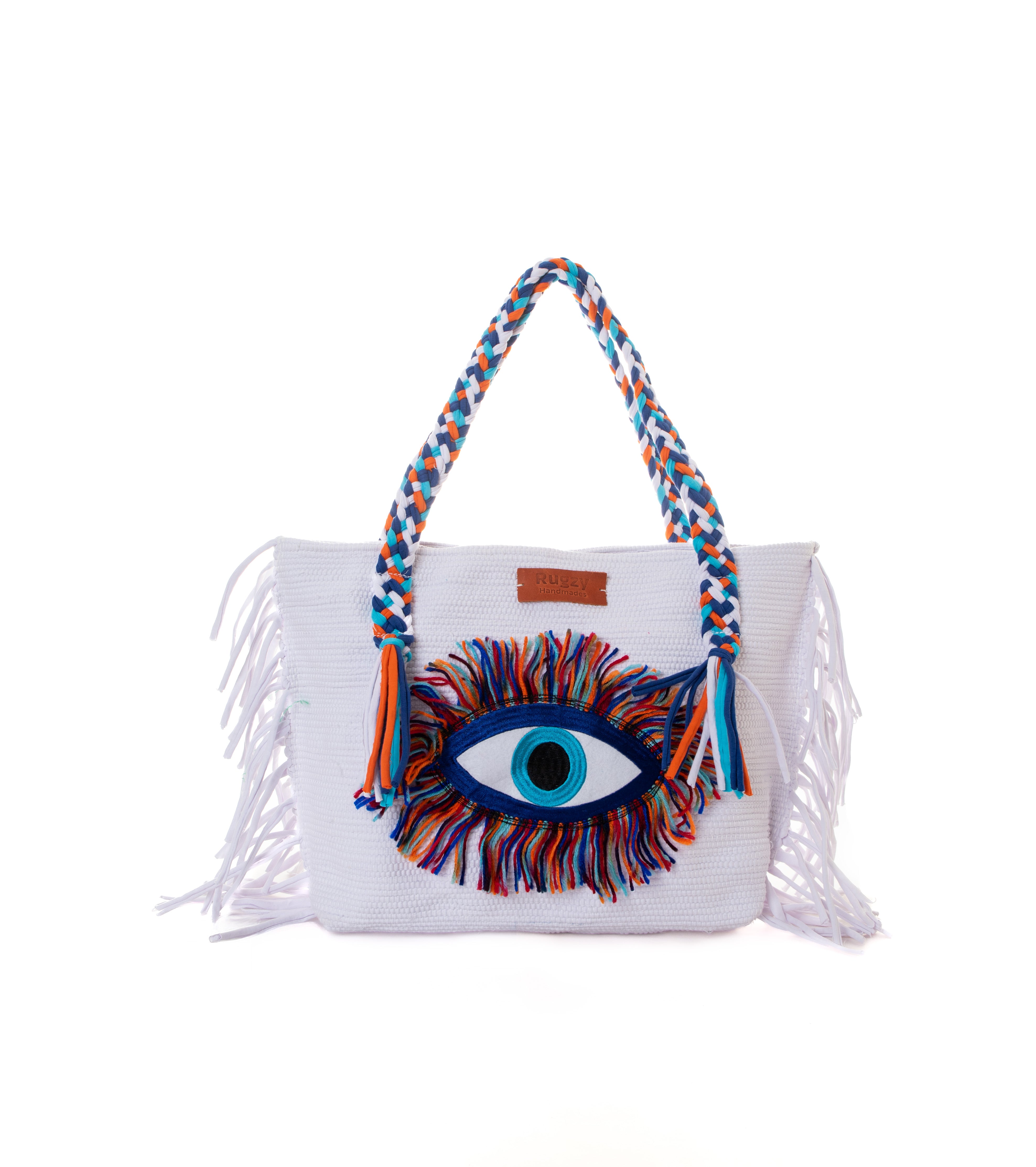 White Evil Eye Fringe Beach Tote