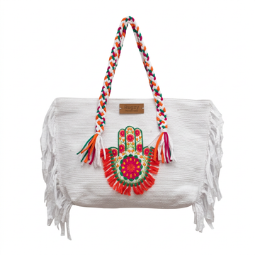 White Hamsa Hand Floral Fringe Beach Tote