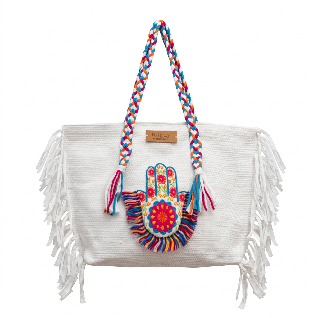 White Hamsa Hand Rainbow Burst Fringe Beach Tote