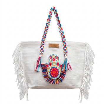 White Hamsa Hand Rainbow Burst Fringe Beach Tote