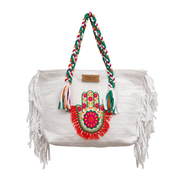 White Hamsa Hand Floral Orange Fringe Beach Tote