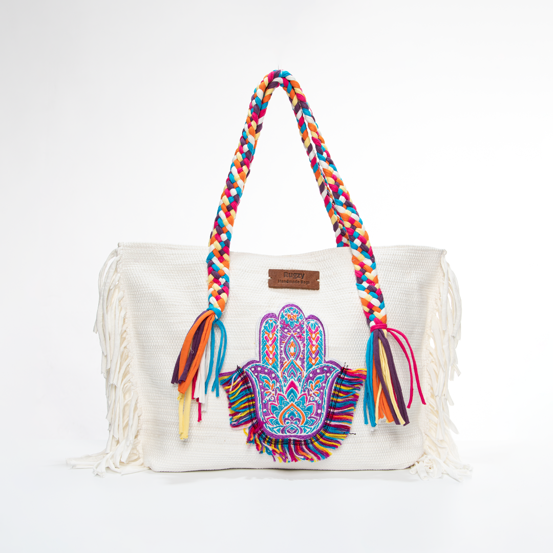 White Hamsa Hand Arabesque Rainbow Fringe Beach Tote