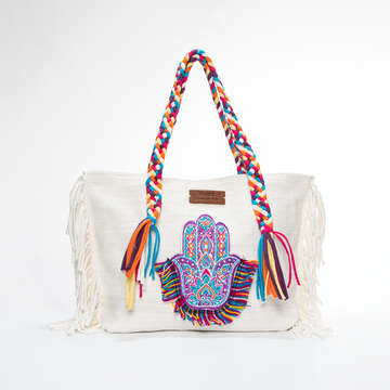 White Hamsa Hand Arabesque Rainbow Fringe Beach Tote