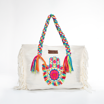 White Hamsa Hand Floral Neon Fringe Beach Tote