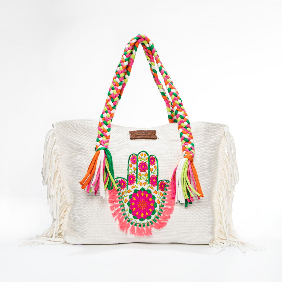 White Hamsa Hand Pink & Green Fringe Beach Tote