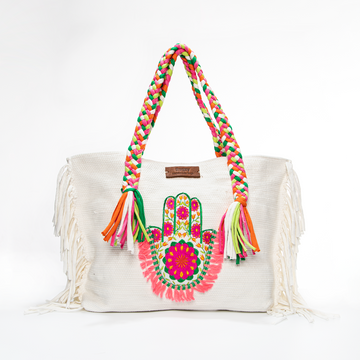 White Hamsa Hand Pink & Green Fringe Beach Tote