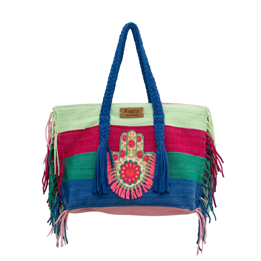 Color Block Stripe Hamsa Hand Fringe Beach Tote