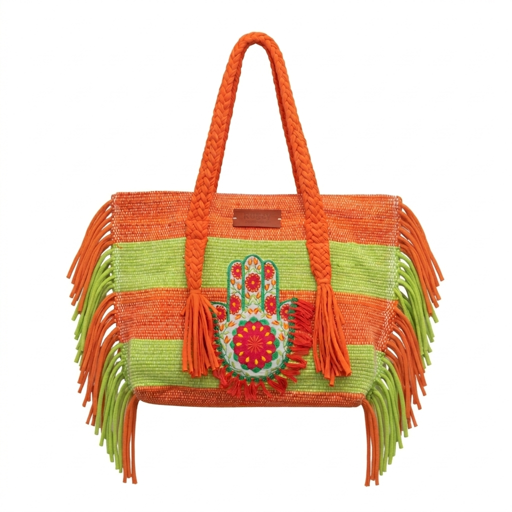 Orange & Lime Stripe Hamsa Hand Wide Strap Fringe Beach Tote