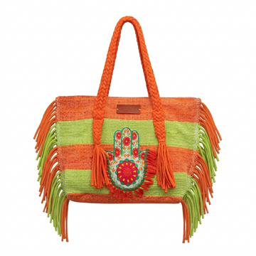 Orange & Lime Stripe Hamsa Hand Wide Strap Fringe Beach Tote