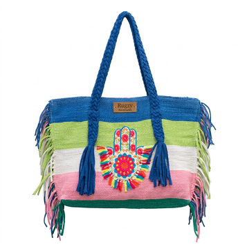 Pastel Color Block Hamsa Hand Fringe Beach Tote