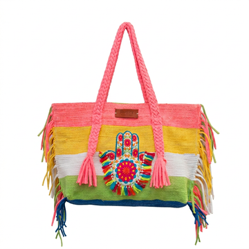 Rainbow Block Stripe Hamsa Hand Fringe Beach Tote