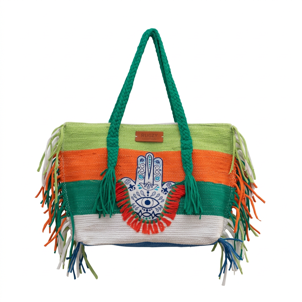 Color Block Stripe Hamsa Evil Eye Fringe Beach Tote