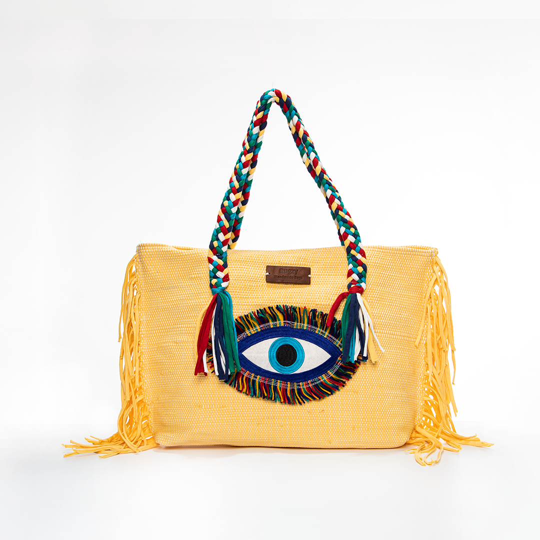 Sunny Yellow Evil Eye Fringe Beach Tote